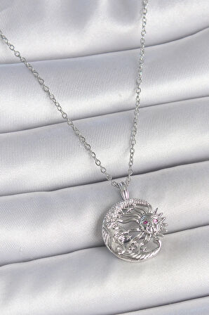 HEYF 316L Çelik Gümüş Renk Zincir Ay Güneş Model Zirkon Taş Detay Kadın Kolye