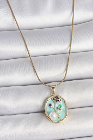 HEYF 316L Çelik Gold Renk Zincir Mavi Çiçek İşlemeli İnci Detay Portre Model Kadın Kolye