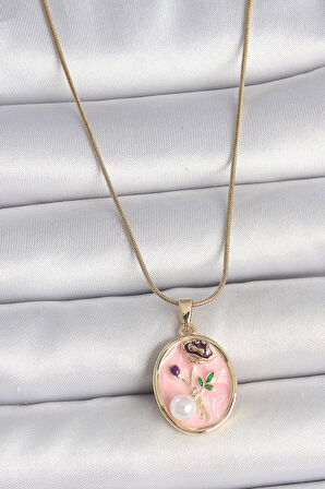 HEYF 316L Çelik Gold Renk Zincir Pembe Çiçek İşlemeli İnci Detay Portre Model Kadın Kolye