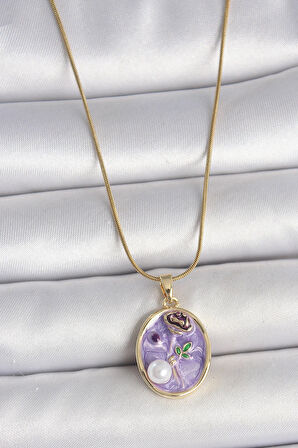 HEYF 316L Çelik Gold Renk Zincir Mor Çiçek İşlemeli İnci Detay Portre Model Kadın Kolye