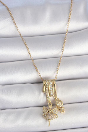 HEYF 316L Çelik Gold Renk Zirkon Taşlı Sallantı Melek Figür Charm Kadın Kolye