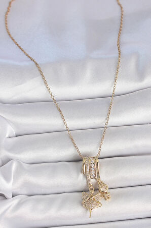 HEYF 316L Çelik Gold Renk Zirkon Taşlı Sallantı Melek Figür Charm Kadın Kolye