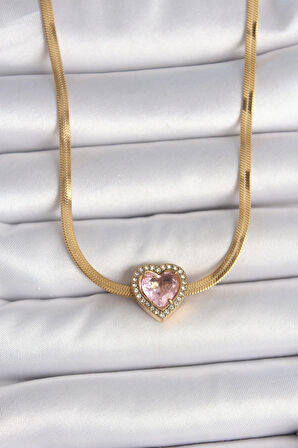 HEYF 316L Çelik Gold Renk İtalyan Zincir Pembe Zirkon Taşlı Kalp Model Kadın Kolye