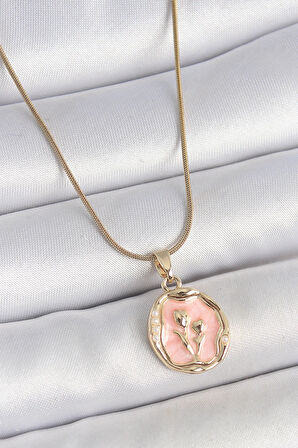 HEYF 316L Çelik Gold Renk Zincir Pembe Mineli Çiçek İşlemeli Portre Model Kadın Kolye