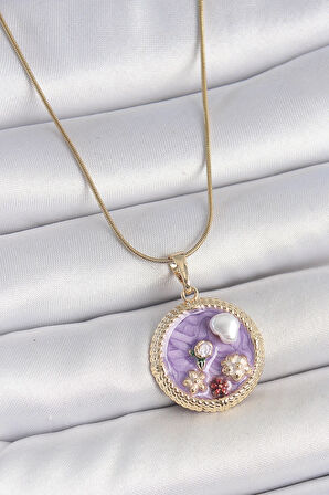 HEYF 316L Çelik Gold Renk Zincir Mor Mineli İncili Çiçek İşlemeli Madalyon Model Kadın Kolye