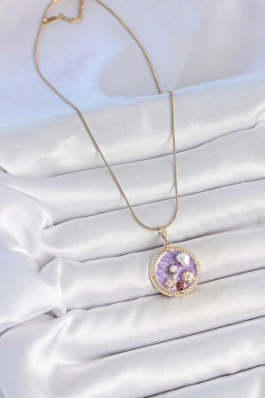 HEYF 316L Çelik Gold Renk Zincir Mor Mineli İncili Çiçek İşlemeli Madalyon Model Kadın Kolye