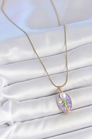 HEYF 316L Çelik Gold Renk Zincir Mor Mineli Oval İncili Çiçek İşlemeli Portre Model Kadın Kolye