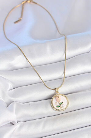 HEYF 316L Çelik Gold Renk Beyaz Mineli İncili Çiçek İşlemeli Portre Model Kadın Kolye