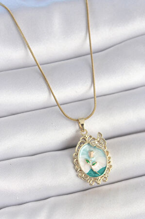 HEYF 316L Çelik Gold Renk Zincir Mavi Mineli Çiçek İşlemeli Zirkon Taş Detaylı Portre Model Kadın Kolye