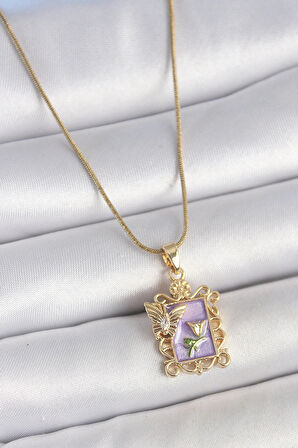HEYF 316L Çelik Gold Renk Zincir Mor Mineli Çiçek İşlemeli Zirkon Taşlı Kelebek Detay Portre Model Kadın Kolye