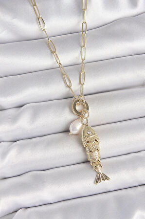 HEYF İnci Detaylı Zirkon Taşlı Balık Figürlü Gold Renk Pirinç Kolye