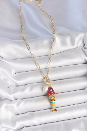 HEYF İnci Detaylı Zirkon Taşlı Rainbow Balık Figürlü Gold Renk Pirinç Kolye