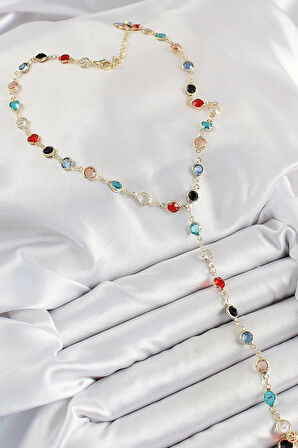 HEYF Pirinç Asorti Model Gold Renk Zirkon Taşlı Y Kolye