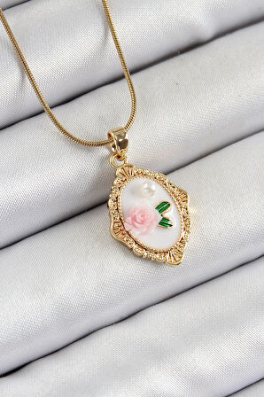 HEYF 316L Çelik Zincir Beyaz Sanatsal Portre İnci Detaylı Gül Figürlü Model Gold Renk Kadın Kolye