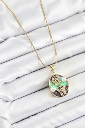 HEYF 316L Çelik Zincir Zirkon Taşlı Yeşil Mor Sanatsal Portre İnci Detaylı Ağaç Ve Kelebek Figürlü Model Gold Renk Kadın Kolye