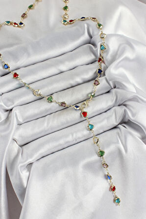 HEYF Pirinç Gold Renk Karışık Renk Zirkon Taşlı Kalpli Y Kadın Kolye