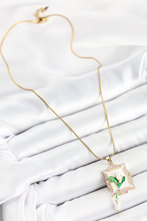 HEYF 316L Çelik Zincir Beyaz Sanatsal Portre Sallantılı İnci Detaylı Lale Model Gold Renk Kadın Kolye