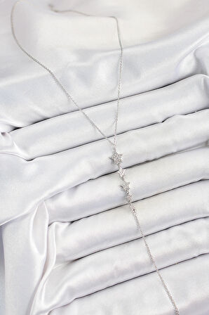 HEYF Pirinç Zirkon Taşlı Sıralı Yıldız Figürlü Y Model Gümüş Renk Kadın Kolye