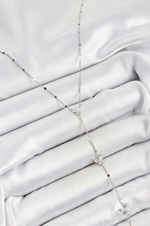 HEYF Pirinç Zirkon Taşlı Sıralı Kelebek Figürlü Y Model Gümüş Renk Kadın Kolye