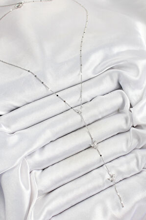 HEYF Pirinç Zirkon Taşlı Sıralı Kelebek Figürlü Y Model Gümüş Renk Kadın Kolye