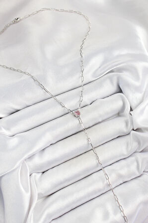 HEYF Pirinç Zirkon Taşlı Pembe Kalp Figürlü Y Model Gümüş Renk Kadın Kolye