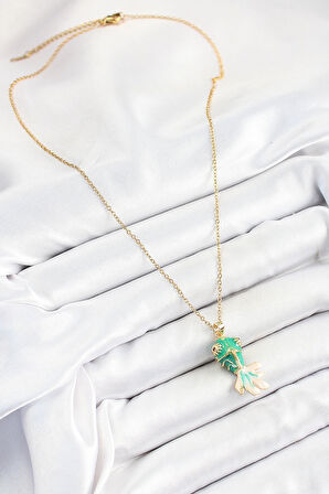 HEYF 316L Çelik Zincir Yeşil Balık Model Gold Renk Kadın Kolye