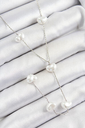 HEYF Pirinç İncili Kalp Figürlü Y Model Gümüş Renk Kadın Kolye