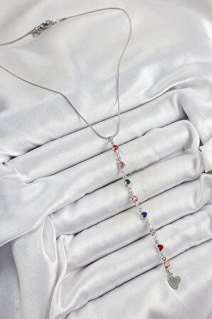 HEYF Pirinç Gümüş Renk Karışık Renk Zirkon Taşlı Kalpli Y Kadın Kolye