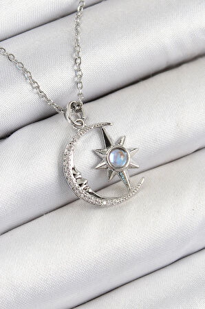 HEYF 316L Çelik Zirkon Taşlı Kutup Yıldızlı Hilal Model Gümüş Renk Kadın Kolye