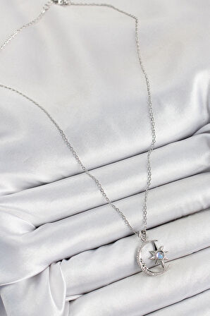 HEYF 316L Çelik Zirkon Taşlı Kutup Yıldızlı Hilal Model Gümüş Renk Kadın Kolye