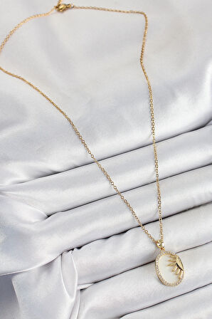 HEYF 316L Çelik Zirkon Taşlı Yarım Güneş Model Gold Renk Kadın Kolye