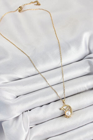 HEYF 316L Çelik İnci Detaylı Hilal Tavşan Model Gold Renk Kadın Kolye