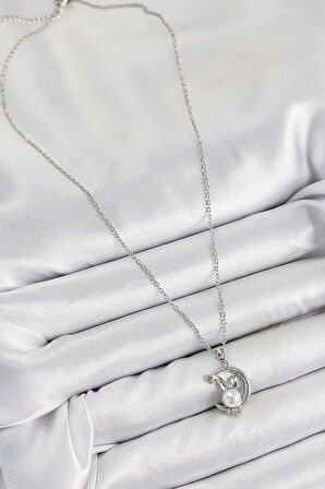 HEYF 316L Çelik İnci Detaylı Hilal Tavşan Model Gümüş Renk Kadın Kolye