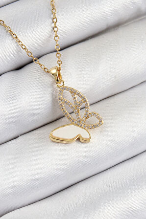 HEYF 316L Çelik Zirkon Taşlı Kelebek Model Gold Renk Kadın Kolye