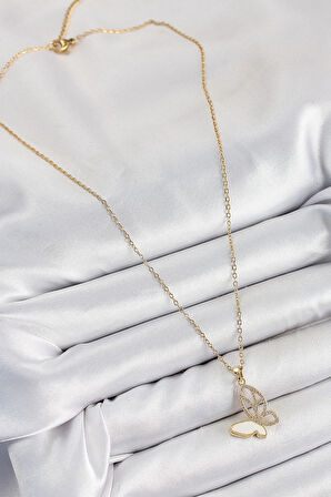 HEYF 316L Çelik Zirkon Taşlı Kelebek Model Gold Renk Kadın Kolye