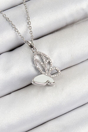 HEYF 316L Çelik Zirkon Taşlı Kelebek Model Gümüş Renk Kadın Kolye