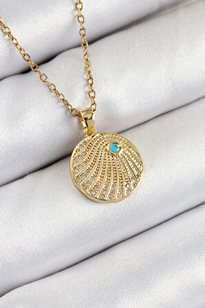 HEYF 316L Çelik Zirkon Taşlı Madalyon Model Gold Renk Kadın Kolye