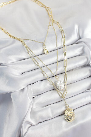 HEYF Pirinç Çoklu Zincirli İncili Deniz Kabuğu Model Gold Renk Kadın Kolye