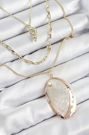 HEYF Pirinç Çoklu Zincirli İstiridye Model Gold Renk Kadın Kolye