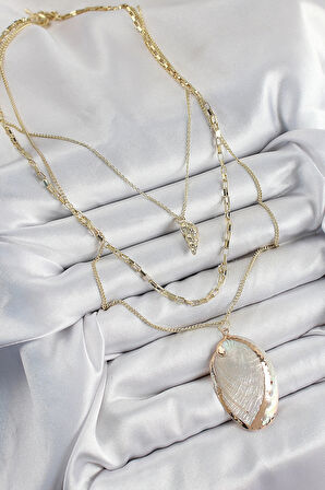 HEYF Pirinç Çoklu Zincirli İstiridye Model Gold Renk Kadın Kolye