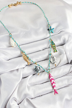 HEYF Seramik Motifli Pembe Balık Figürlü Model Mavi İp Kadın Kolye