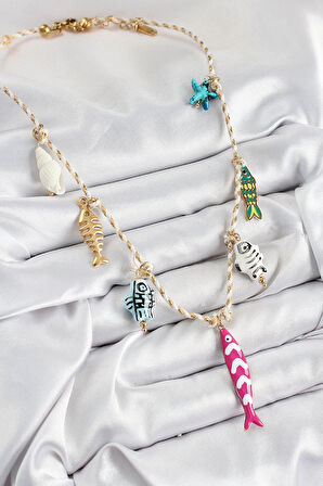 HEYF Seramik Motifli Pembe Balık Figürlü Model Krem İp Kadın Kolye