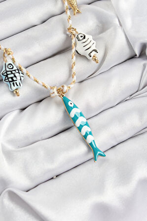 HEYF Seramik Motifli Balık Figürlü Model Krem İp Kadın Kolye