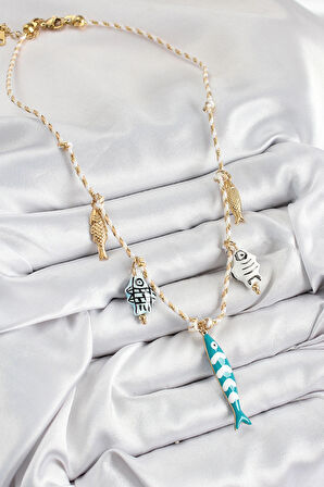 HEYF Seramik Motifli Balık Figürlü Model Krem İp Kadın Kolye