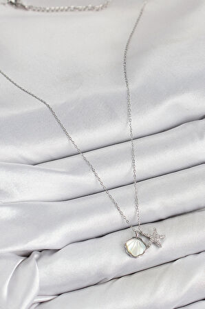 HEYF Pirinç Zirkon Taşlı İstiridye Ve Deniz Yıldızı Model Gümüş Renk Kadın Kolye