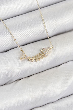 HEYF Pirinç Zirkon Taşlı Balık Kılçığı Model Gold Renk Kadın Kolye