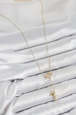 HEYF Pirinç Zirkon Taşlı Sallantılı Ayıcıklı Yıldız Model Gold Renk Kadın Kolye