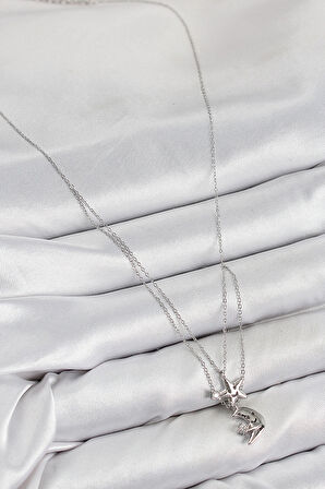 HEYF Pirinç Zirkon Taşlı Yıldız Ve Ay Model Gümüş Renk Kadın Kolye