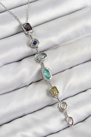 HEYF Pirinç Renkli Zirkon Taşlı Model Gümüş Renk 7 Element Kadın Y Kolye