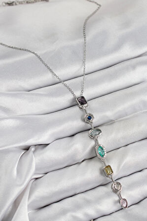 HEYF Pirinç Renkli Zirkon Taşlı Model Gümüş Renk 7 Element Kadın Y Kolye